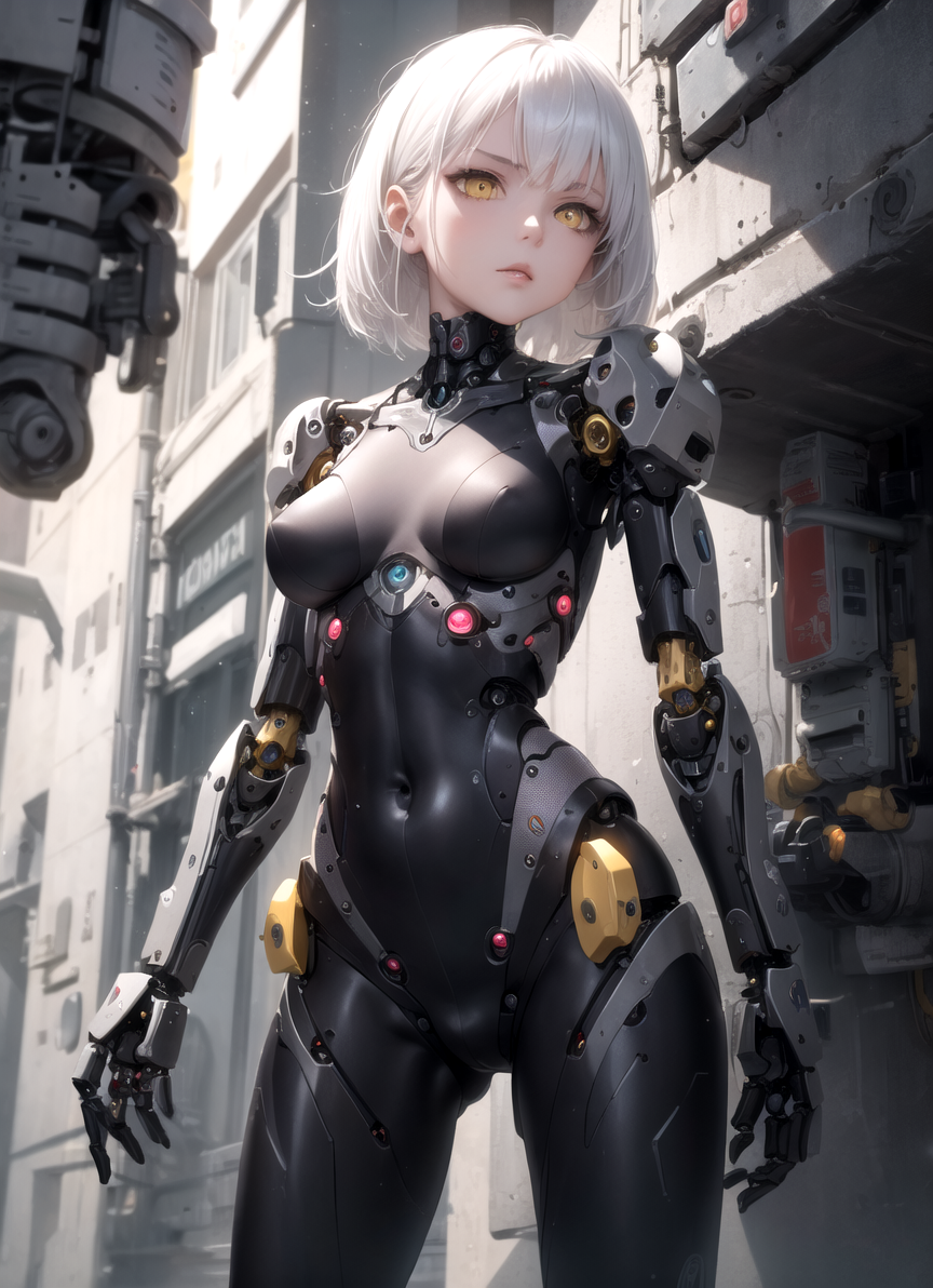 masterpiece, best quality, 1girl, mechanical, machine, mechanical arms, tubes, wire, yellow eyes, white hair, robot joints...